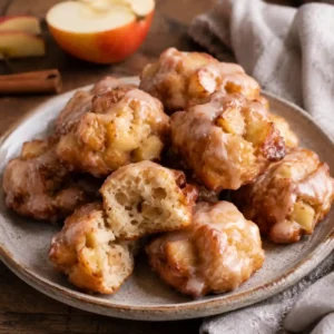 Glazed cinnamon apple bites baked until golden and filled with finely chopped apples. These bite-sized apple fritters have tender centers and a lightly caramelized glaze.