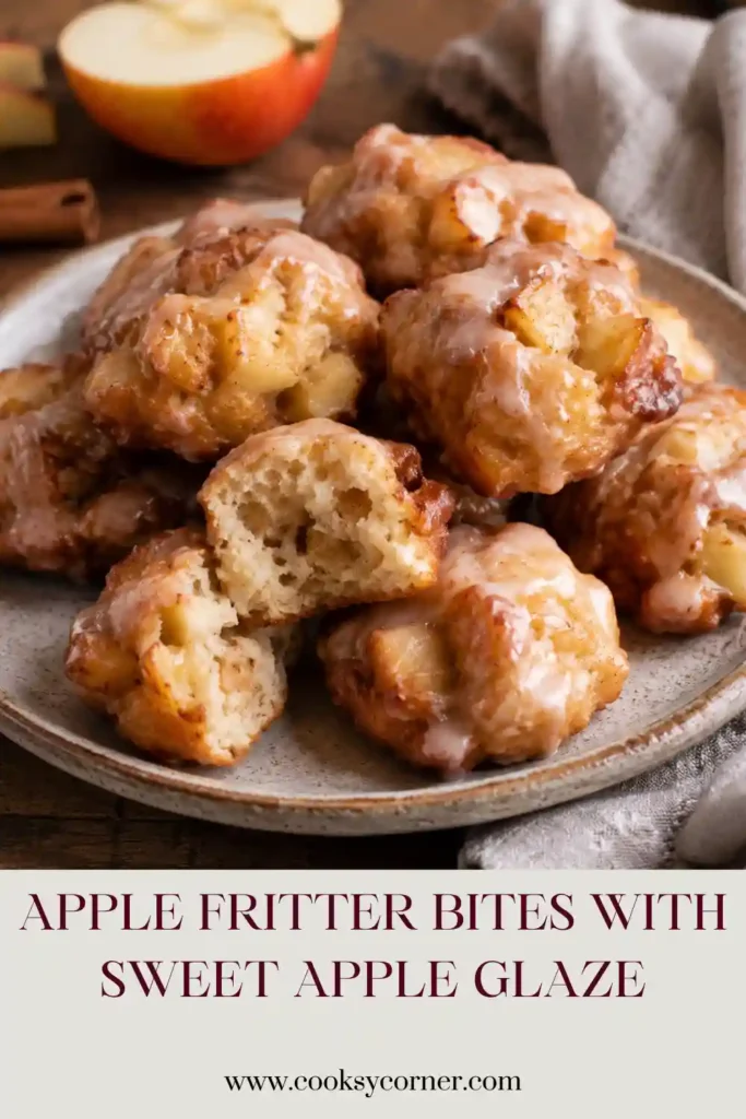Apple Fritter Bites made with finely diced Honeycrisp apples and cinnamon, then covered with a sweet apple glaze. The baked fritters have lightly caramelized golden tops and soft centers.