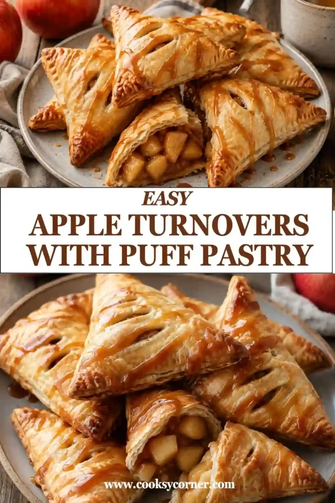 Homemade apple turnovers with puff pastry arranged on a serving plate after baking. Each triangular pastry is golden and flaky with a sweet cinnamon apple center.