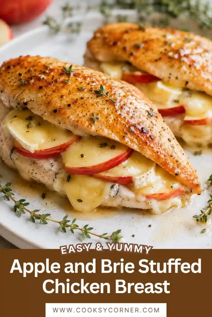 Sliced brie stuffed chicken breast showing creamy cheese and tender apple filling inside juicy baked chicken. A maple mustard glaze adds a golden, savory-sweet finish.