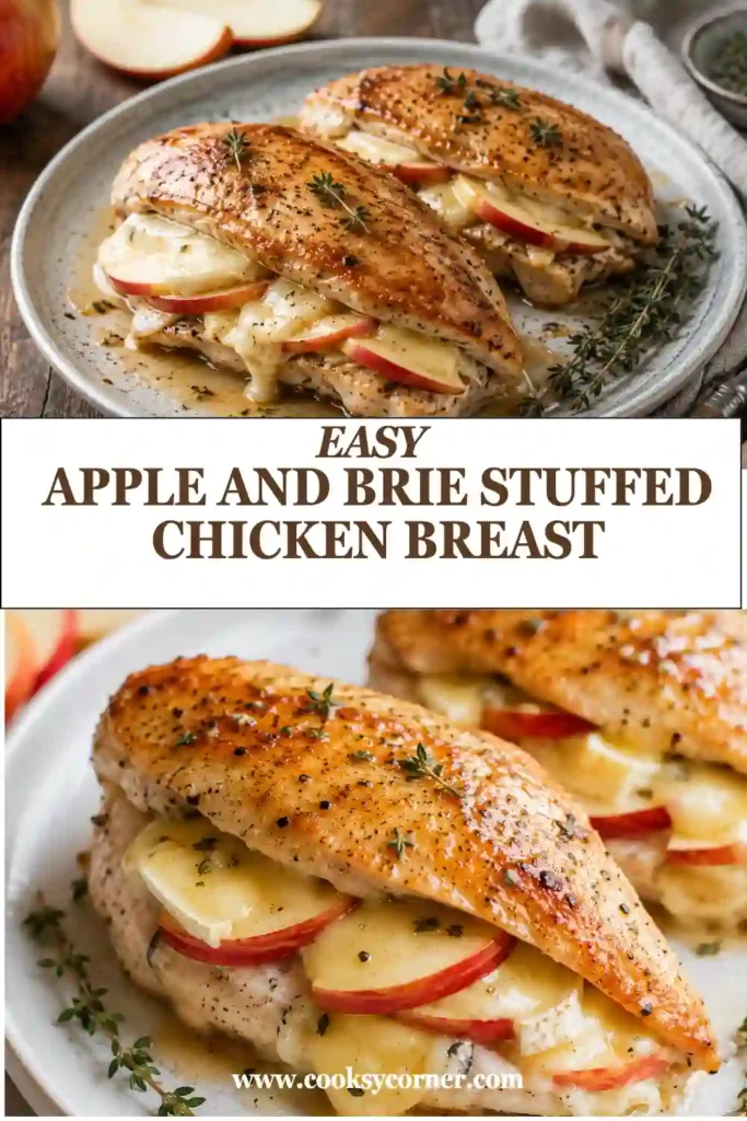Homemade apple stuffed chicken served warm with melted Brie and a maple Dijon glaze. The golden chicken breast has a juicy center filled with thin slices of sweet apple.