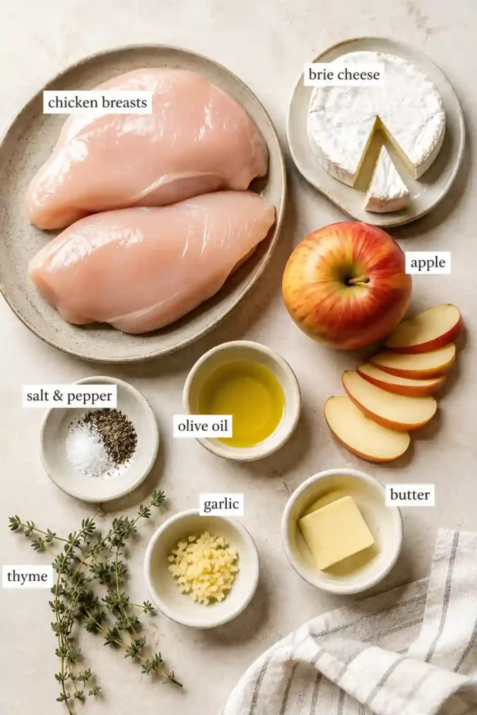 Apple and Brie Stuffed Chicken Breast filled with thin Honeycrisp apple slices and creamy melted Brie. The golden baked chicken is finished with a glossy maple Dijon glaze.