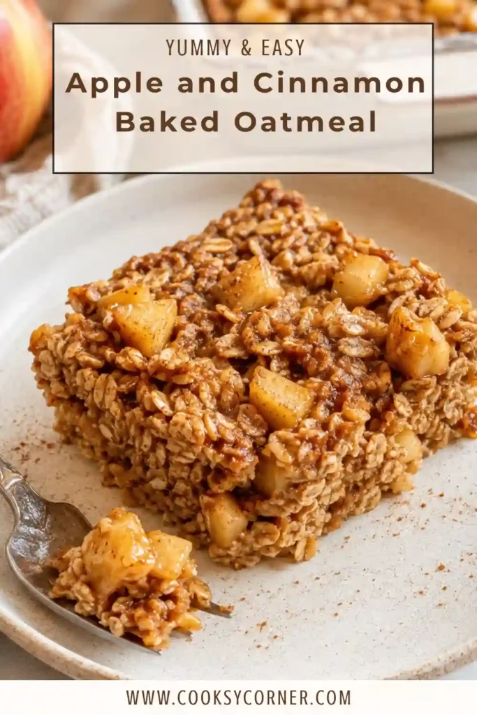 A warm serving of apple cinnamon baked oatmeal featuring juicy apples, hearty rolled oats, and cinnamon. The easy baked oatmeal with apples is ready to serve for breakfast.