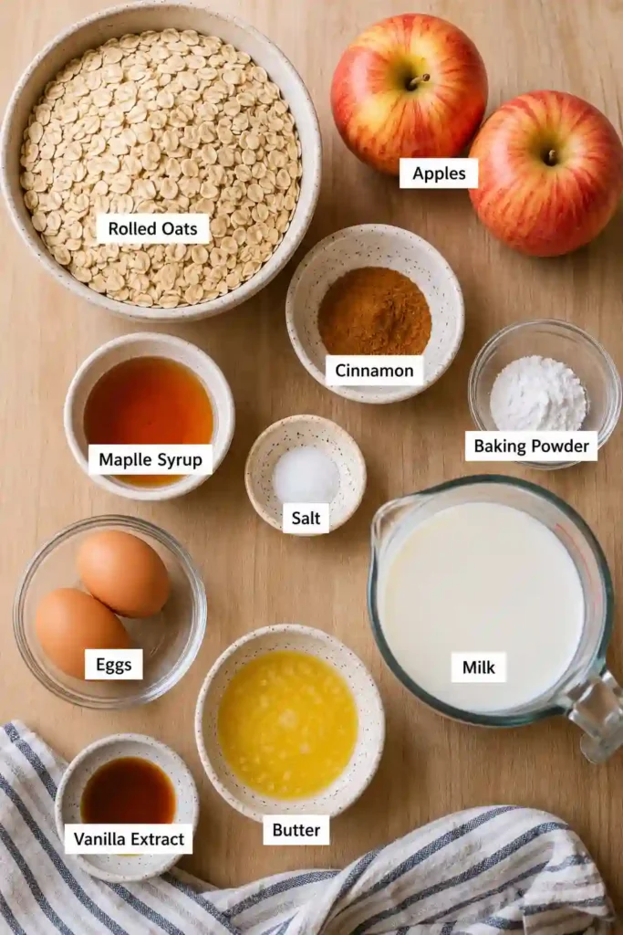 Homemade apple cinnamon oatmeal bake served warm with tender apple pieces and a lightly golden top. This family-friendly baked oatmeal recipe makes an easy make-ahead breakfast.