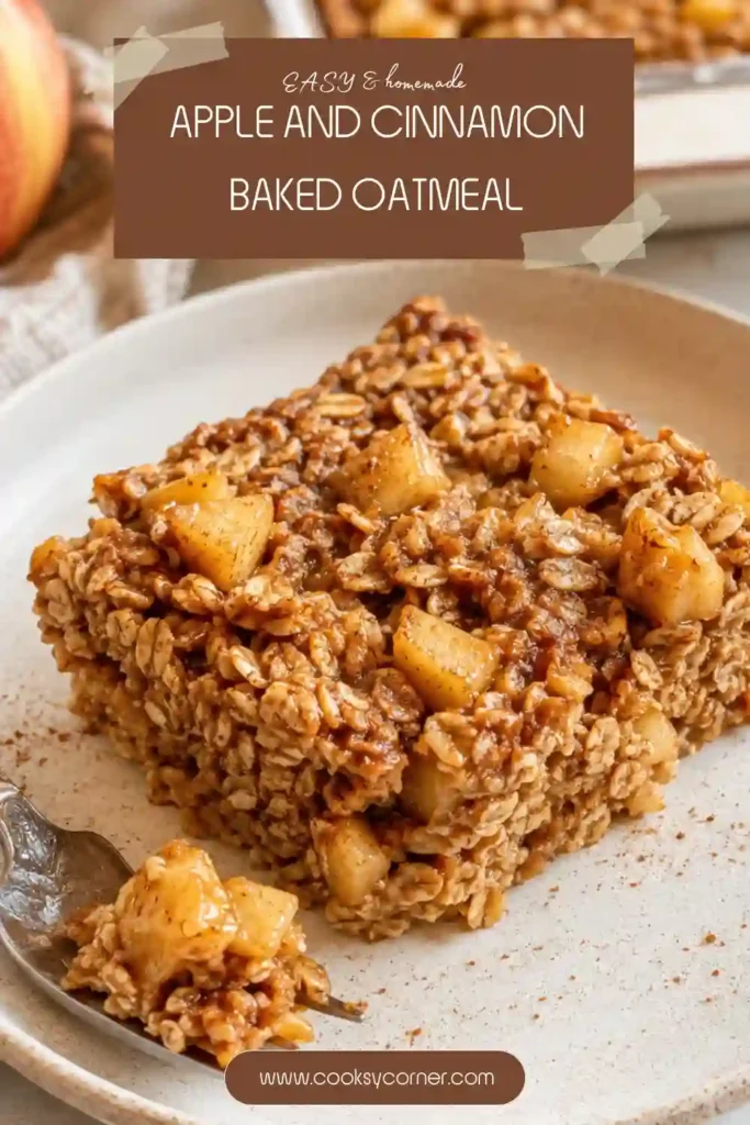 Apple and Cinnamon Baked Oatmeal baked until golden with tender diced apples and warm cinnamon. This cozy oatmeal breakfast bake is made with rolled oats and maple syrup.