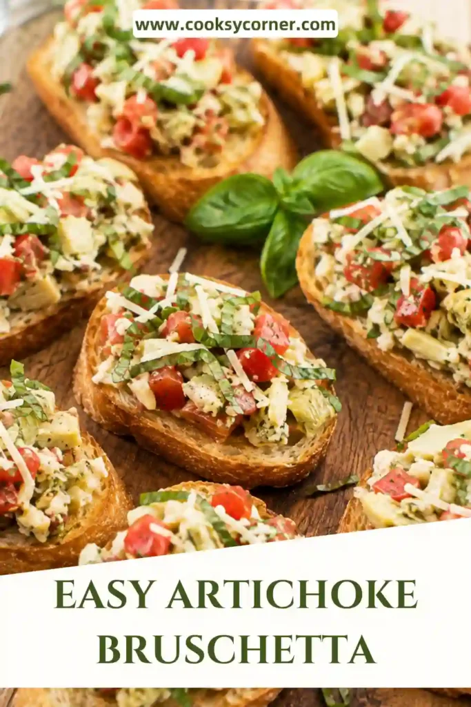 Easy Artichoke Bruschetta made with cream cheese, chopped artichokes, Parmesan, and mozzarella. Crisp baguette slices hold the warm and creamy artichoke topping.