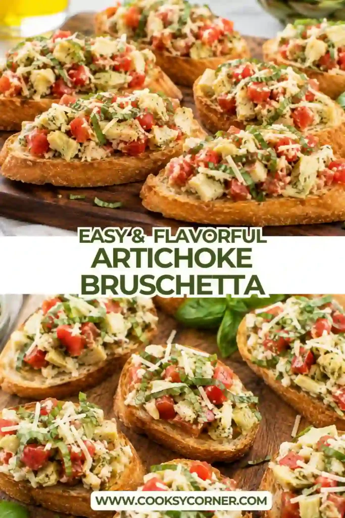 Warm cheesy artichoke bruschetta arranged on toasted French baguette slices. The creamy artichoke appetizer has a golden melted cheese topping with fresh parsley.