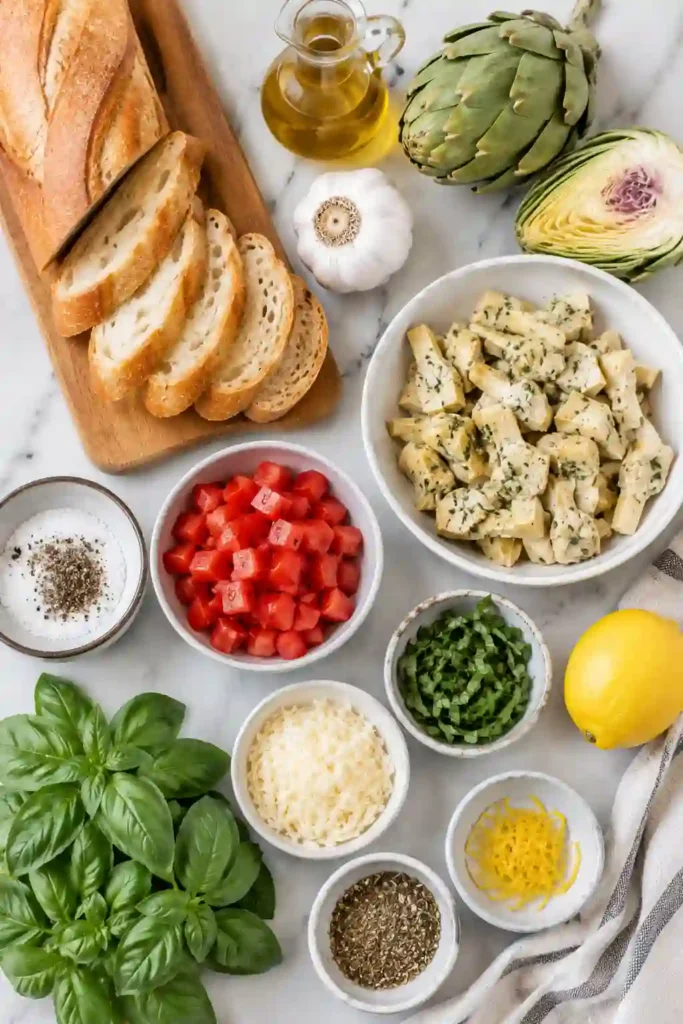 Golden baked artichoke bruschetta served warm on sliced baguette. Melted mozzarella and Parmesan create a creamy, savory topping over crisp bread.