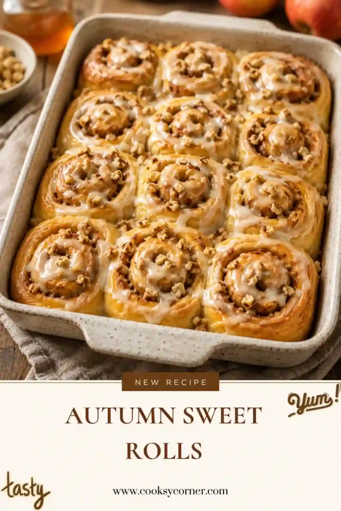 Freshly baked Autumn Sweet Rolls with soft pumpkin dough, cinnamon apple filling, and apple cider glaze. Toasted walnuts add a crunchy finish to the warm homemade rolls.
