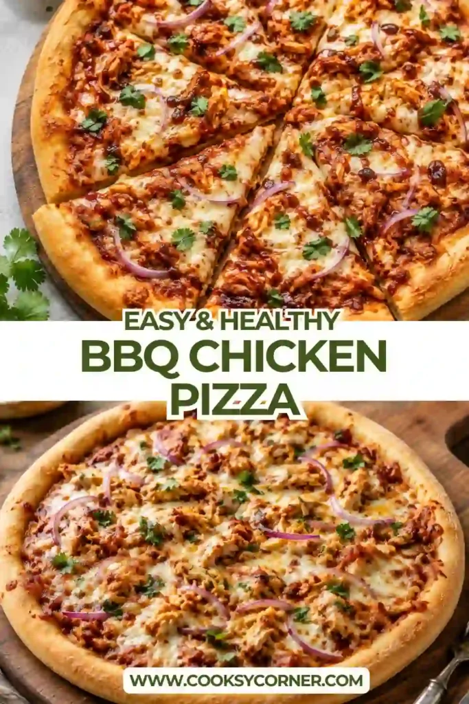 A close-up of BBQ Chicken Pizza featuring smoky Gouda, melted mozzarella, tender chicken, barbecue sauce, and cilantro on a crispy homemade pizza crust.