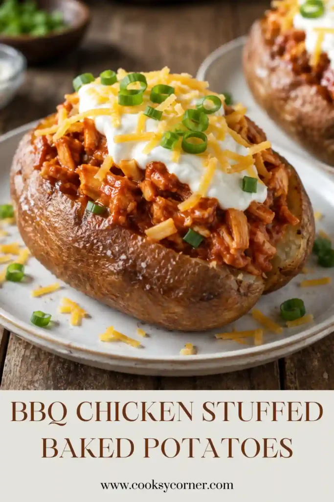 Freshly baked potatoes stuffed with barbecue chicken and garnished with shredded cheese and green onions.