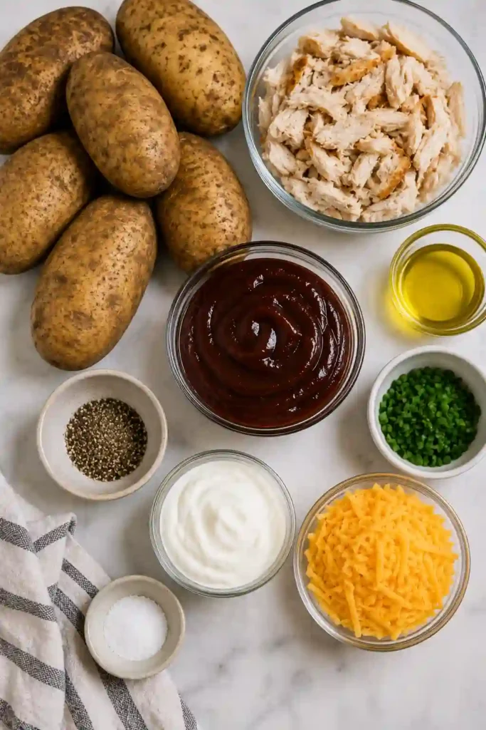 A platter of BBQ Chicken Stuffed Baked Potatoes served with sour cream, cheddar cheese, and chopped chives.
