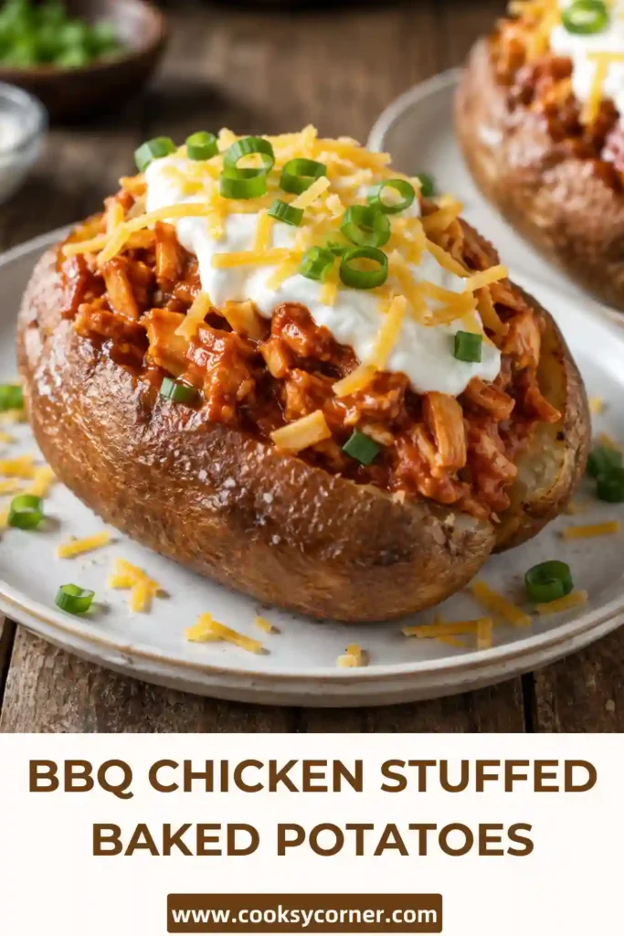 Close-up of BBQ Chicken Stuffed Baked Potatoes topped with barbecue chicken, cheddar cheese, sour cream, and chopped chives.