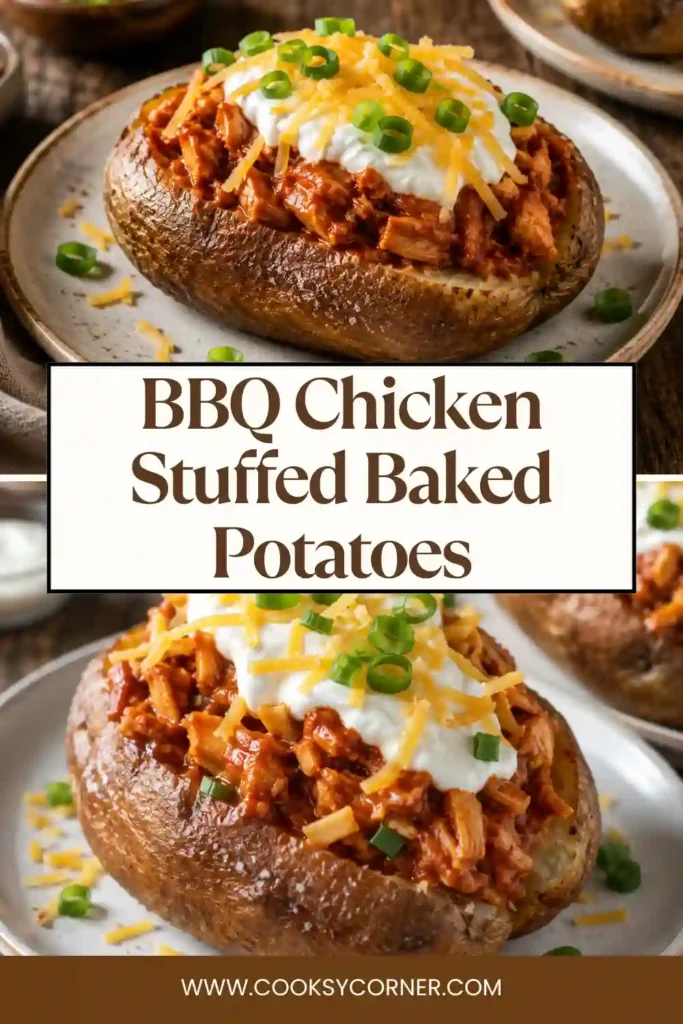 BBQ Chicken Stuffed Baked Potatoes filled with tender barbecue chicken and topped with shredded cheddar cheese, sour cream, and fresh chives on a serving platter.