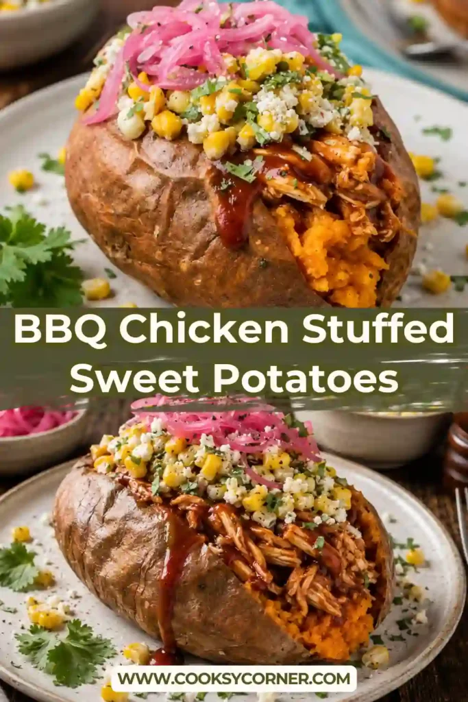 BBQ chicken sweet potatoes featuring tender baked potatoes stuffed with shredded chicken coated in sweet and smoky barbecue sauce. Fresh cilantro and colorful toppings finish the easy dinner.