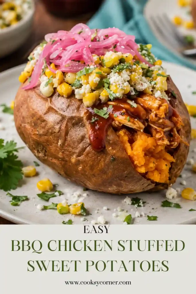 Baked sweet potatoes loaded with smoky shredded BBQ chicken, fresh cilantro, and tangy pickled red onions. The fluffy orange sweet potato contrasts with the glossy barbecue chicken filling.