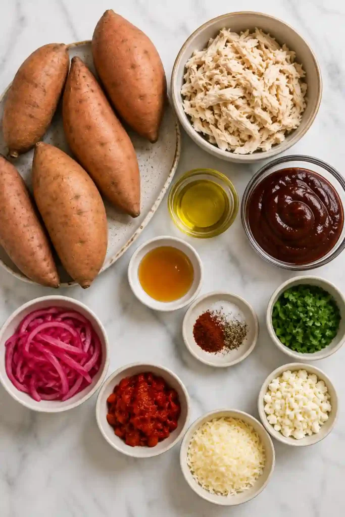 Chicken stuffed sweet potatoes loaded with saucy barbecue chicken and colorful fresh toppings. The baked sweet potatoes are tender and fluffy with a rich, smoky-sweet filling.