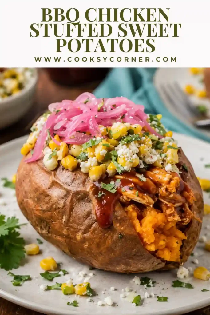 BBQ Chicken Stuffed Sweet Potatoes filled with saucy shredded barbecue chicken and topped with pickled red onions and fresh cilantro. The tender baked sweet potatoes create a colorful and satisfying dinner.