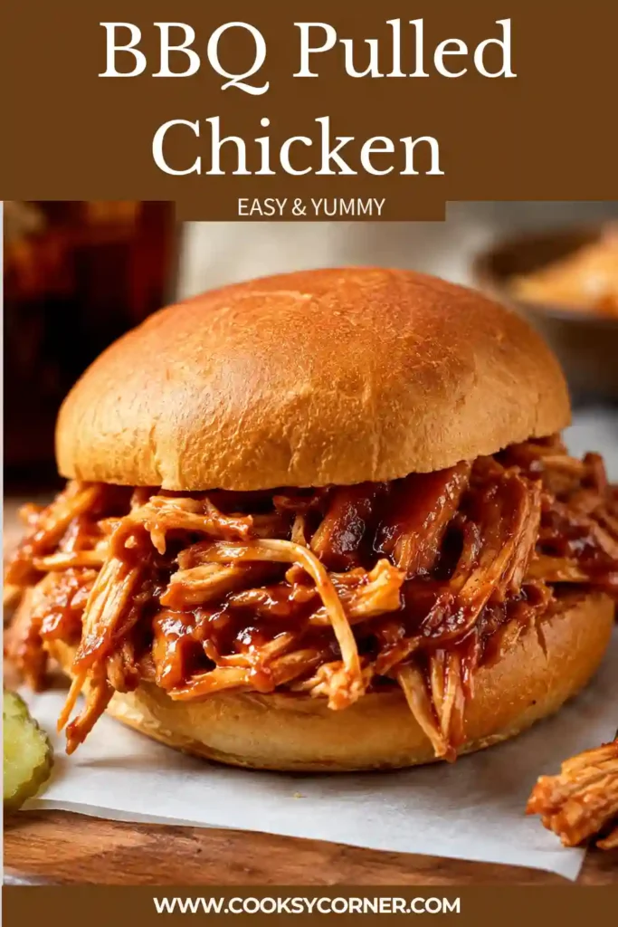Close-up of shredded BBQ chicken coated in homemade barbecue sauce with toasted buns and fresh coleslaw. This easy pulled chicken recipe is perfect for a family dinner.