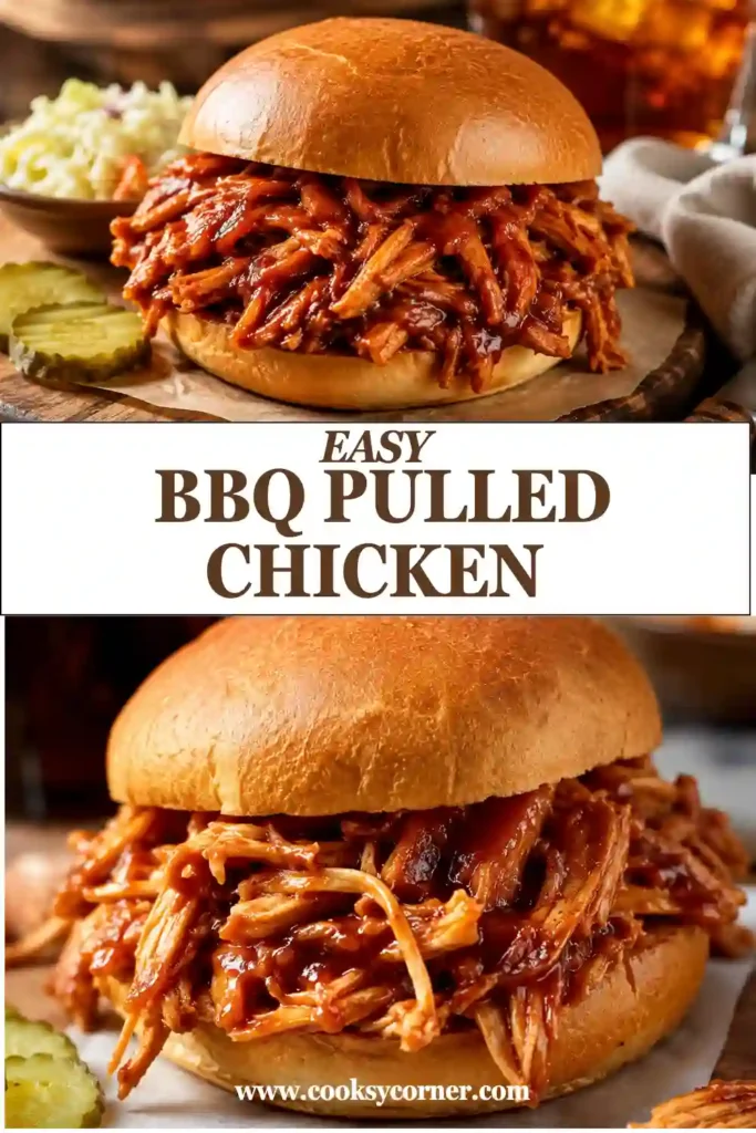 Homemade BBQ pulled chicken served on toasted sandwich buns with tangy coleslaw. The shredded grilled chicken is covered in a thick, flavorful barbecue sauce.