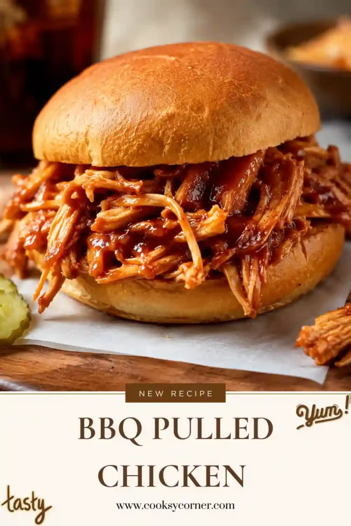 BBQ Pulled Chicken piled onto a toasted bun and topped with creamy coleslaw. The tender shredded chicken is coated in a rich homemade root beer BBQ sauce.
