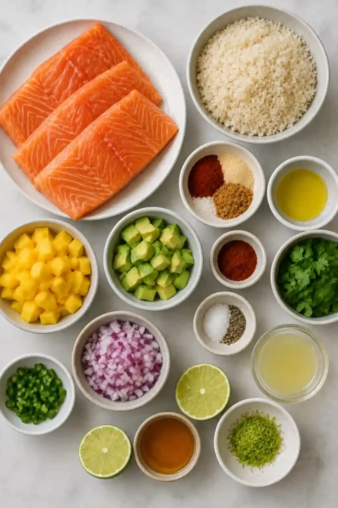 Baked BBQ salmon served over rice with homemade mango avocado salsa. The colorful salmon bowl features golden salmon, ripe mango, avocado, cilantro, and fresh lime.