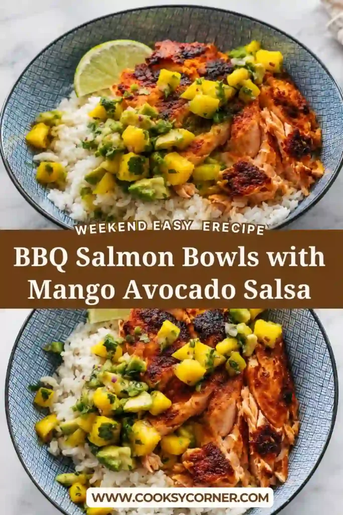 Salmon rice bowl with caramelized BBQ salmon, white rice, and fresh mango avocado salsa. Lime wedges and cilantro add a bright finish to the colorful dinner bowl.