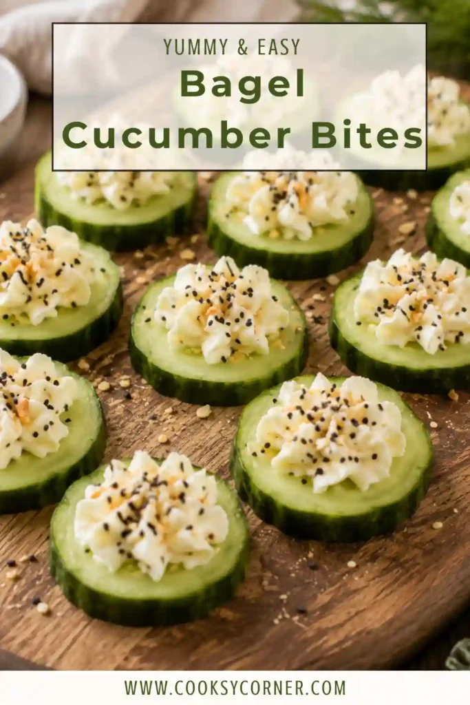 Everything bagel cucumber appetizer featuring thick cucumber rounds topped with creamy cheese filling, sesame seeds, poppy seeds, dried garlic, and onion.