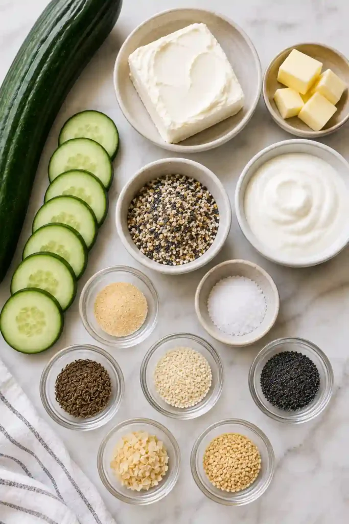 Crisp cucumber bites with piped cream cheese and homemade everything bagel seasoning. The fresh no-cook appetizers are arranged in neat rows on a light serving plate.