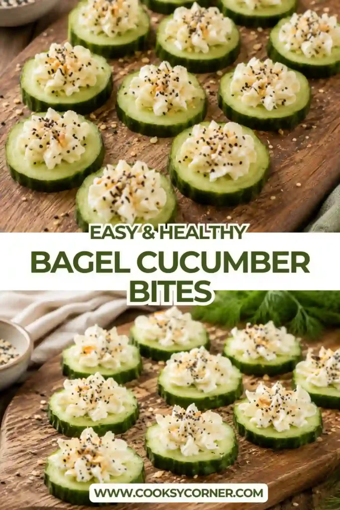 Fresh cucumber cream cheese bites with decorative swirls of creamy filling and everything bagel seasoning. Crisp cucumber creates a colorful base for the easy no-cook appetizer.