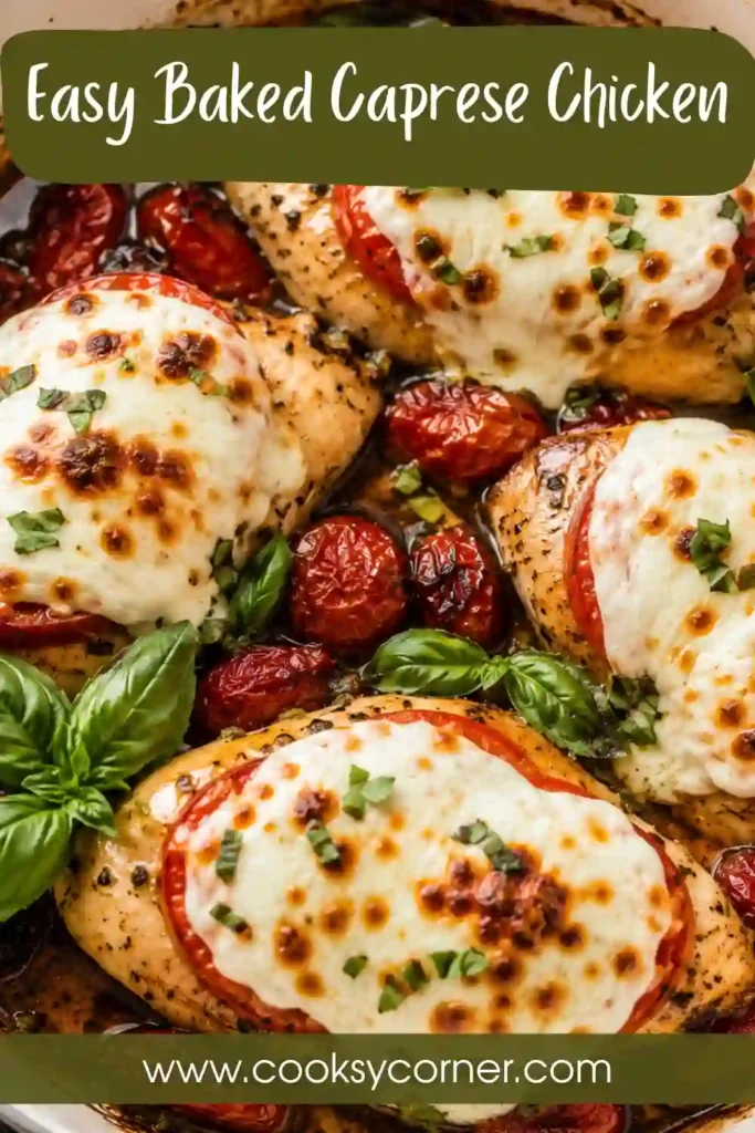 Close-up of Baked Caprese Chicken with melted fresh mozzarella, sliced tomatoes, basil leaves, and balsamic pan sauce. Roasted cherry tomatoes surround the chicken.