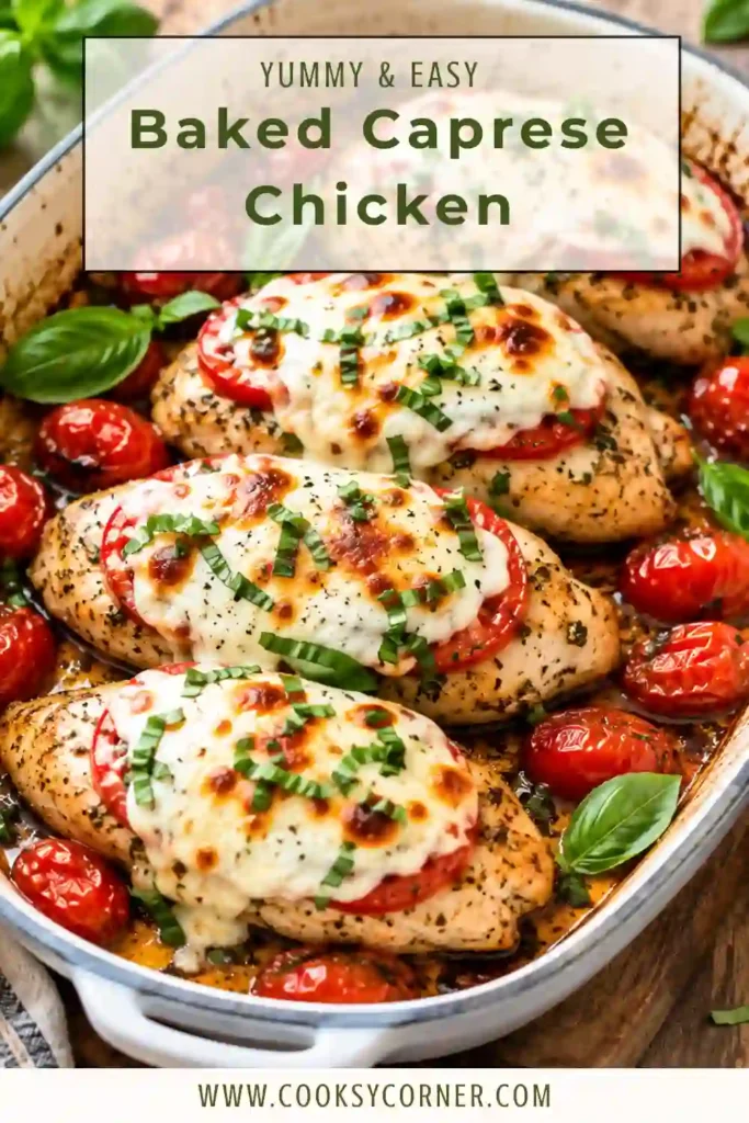 Juicy baked chicken breast covered with fresh mozzarella, sliced tomatoes, basil, and roasted grape tomatoes in a flavorful balsamic sauce. A healthy and easy weeknight dinner.