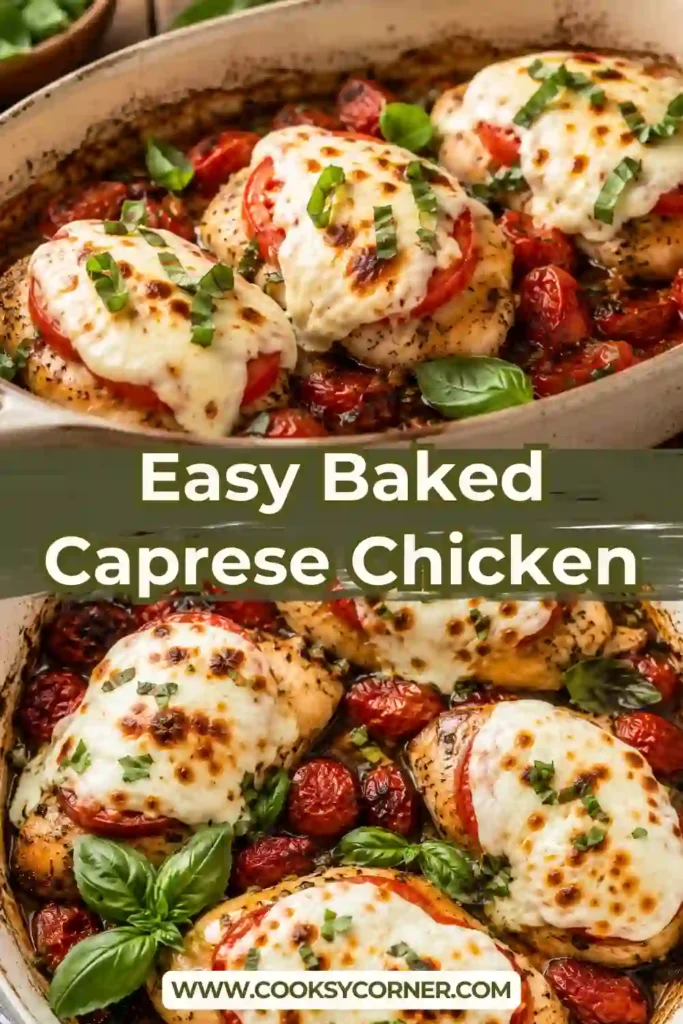 Italian-inspired baked chicken breast topped with melted mozzarella, fresh tomatoes, basil, and balsamic glaze. This easy Caprese chicken is served with roasted grape tomatoes.