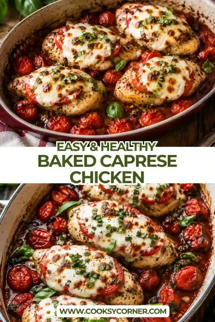 Oven baked Caprese chicken served with bubbling mozzarella, roasted tomatoes, and fresh basil on a white serving platter. The balsamic glaze adds a rich, glossy finish.