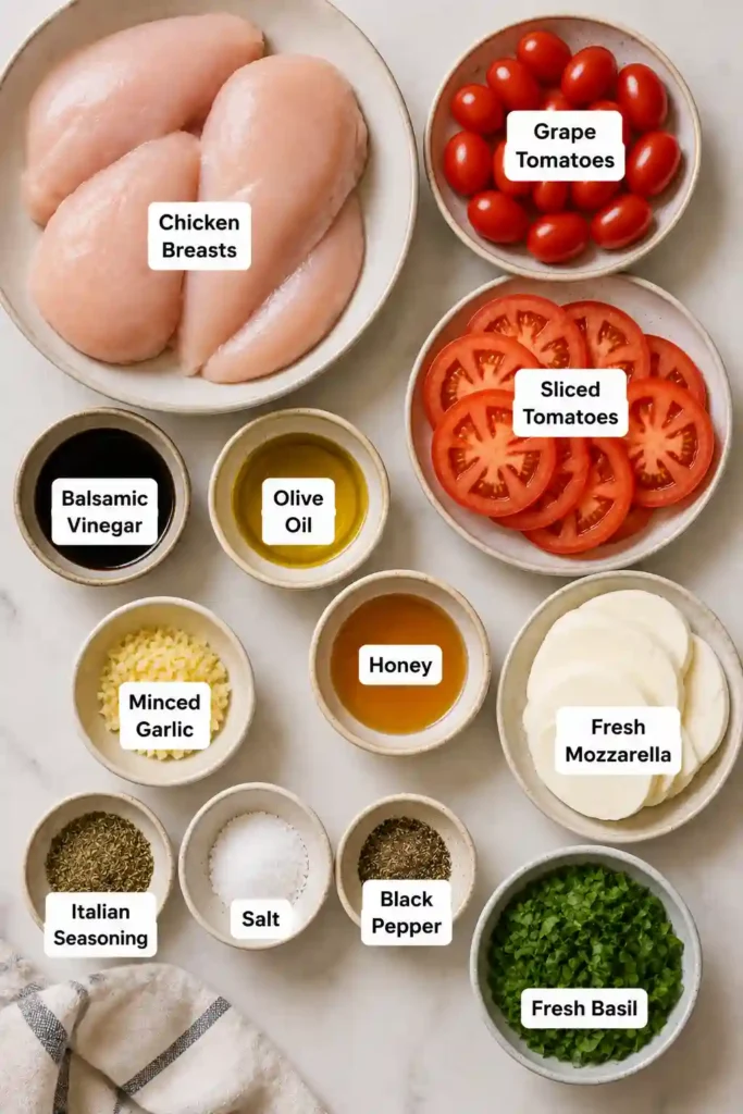 Balsamic baked chicken topped with tomato, mozzarella, and fresh basil in a baking dish. The colorful Caprese chicken is surrounded by juicy roasted tomatoes.