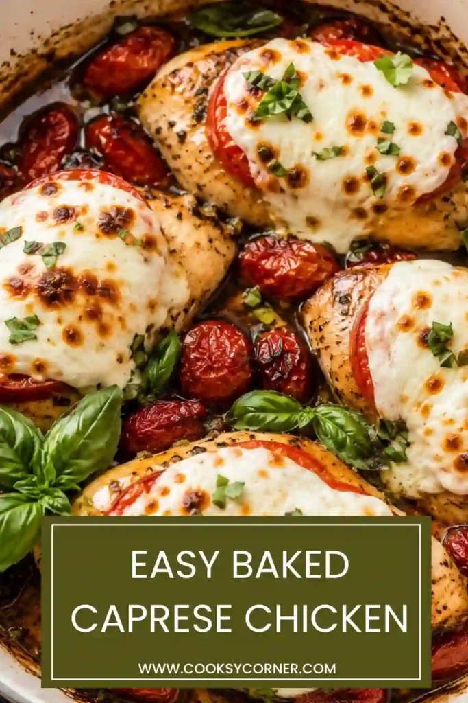 Baked Caprese Chicken topped with fresh tomato slices, melted mozzarella, and chopped basil in a balsamic sauce. The juicy baked chicken is surrounded by roasted grape tomatoes.