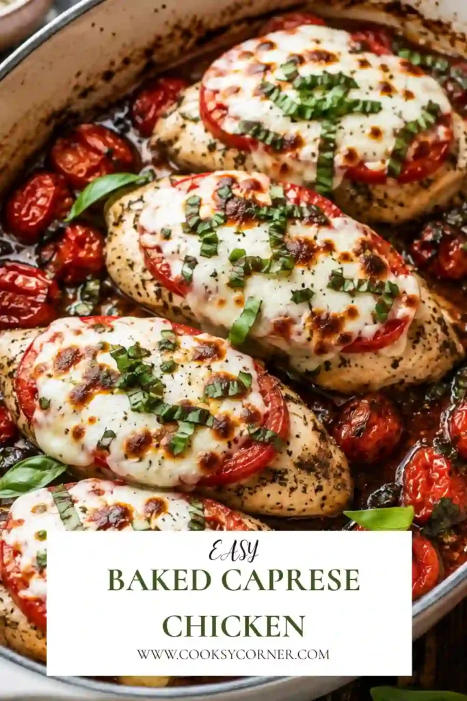 Easy Baked Caprese Chicken featuring tender chicken breasts, creamy mozzarella, fresh basil, tomatoes, and roasted grape tomatoes. A wholesome Italian-inspired family dinner.