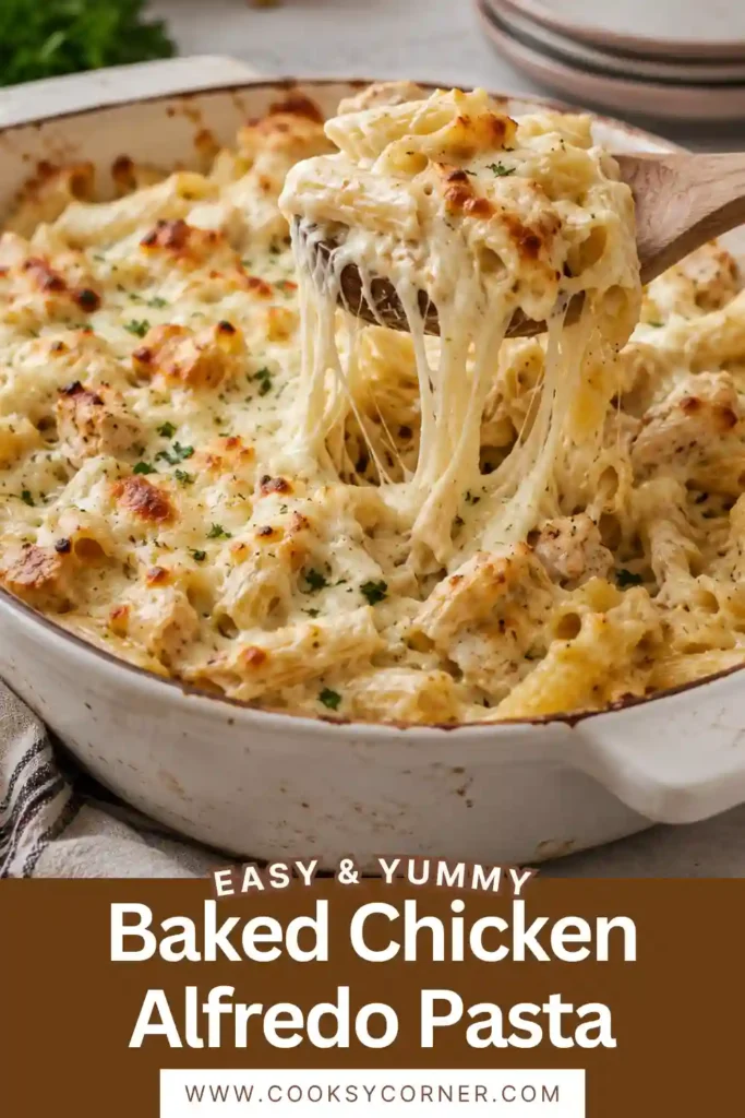 Cheesy Baked Alfredo Pasta served in a casserole dish with creamy sauce, penne pasta, juicy chicken, and melted mozzarella cheese. A warm, comforting dinner recipe for any occasion.
