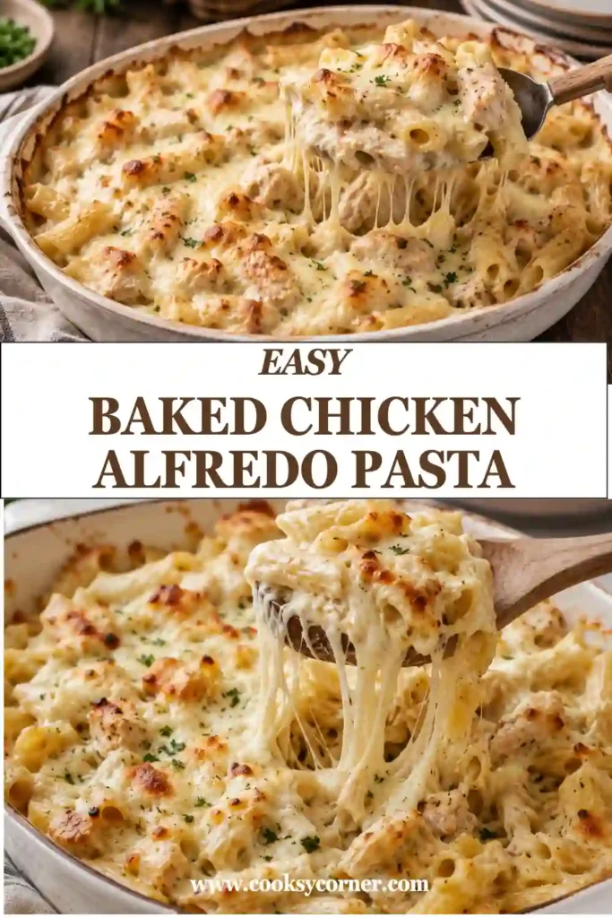 Close-up of creamy Chicken Alfredo Bake featuring penne pasta, homemade Alfredo sauce, Parmesan cheese, and tender shredded chicken baked until golden brown. A hearty pasta casserole perfect for weeknight dinners.