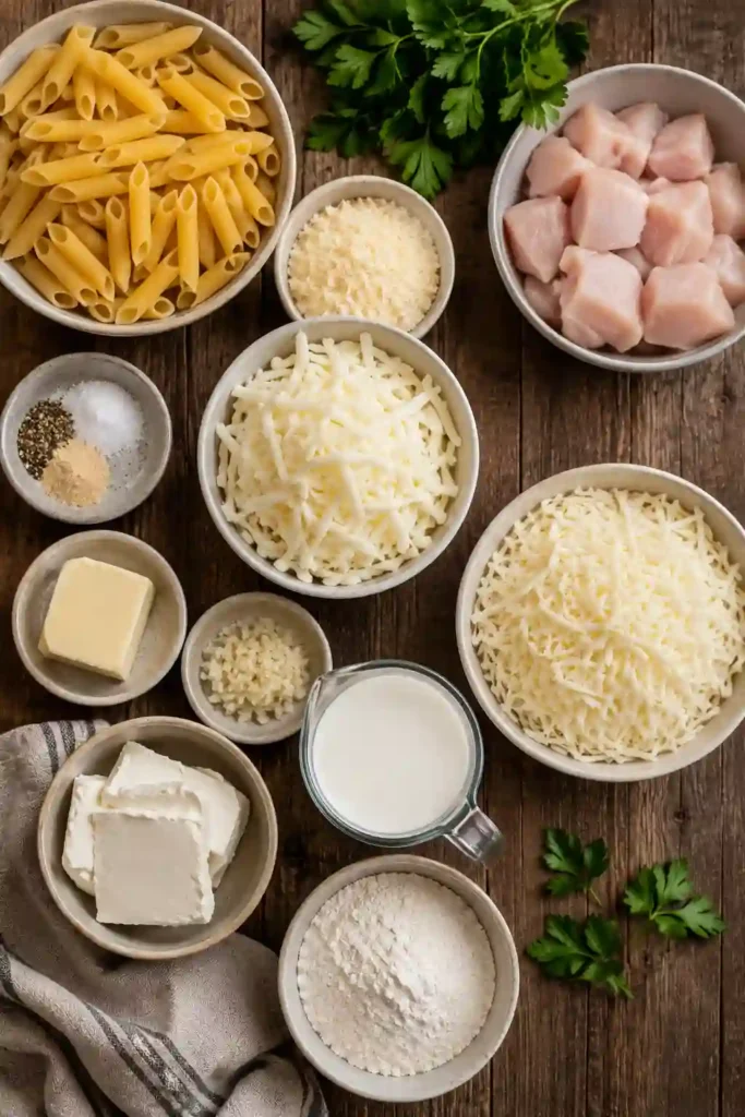 Creamy Penne Alfredo Recipe baked with shredded chicken, rich Alfredo sauce, Parmesan cheese, and golden mozzarella topping in a casserole dish. An easy homemade comfort meal.