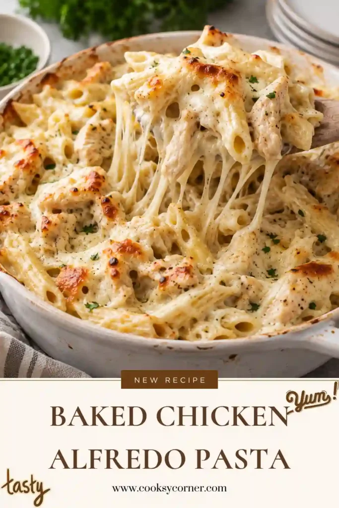 A freshly baked dish of Baked Chicken Alfredo Pasta with tender chicken, penne pasta, creamy Alfredo sauce, and bubbling golden mozzarella cheese. This comforting casserole is rich, creamy, and perfect for family dinners.
