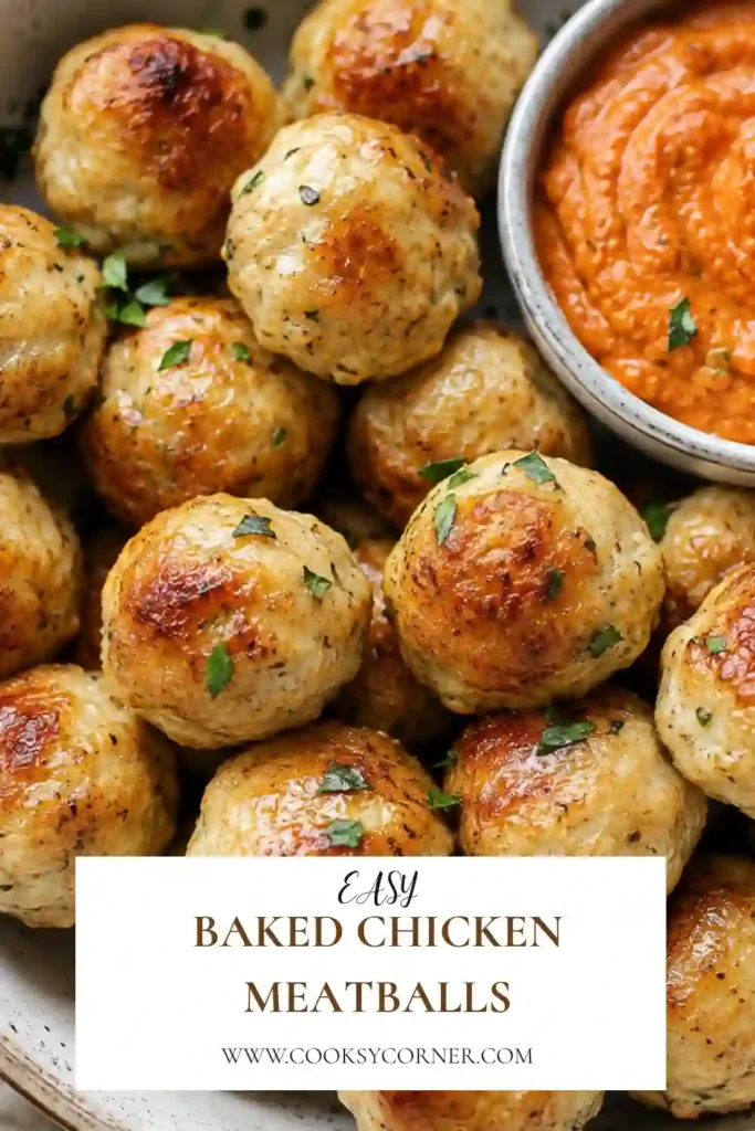 Healthy baked chicken meatballs served with marinara sauce and fresh herbs. A simple oven baked meatball recipe made with everyday ingredients.