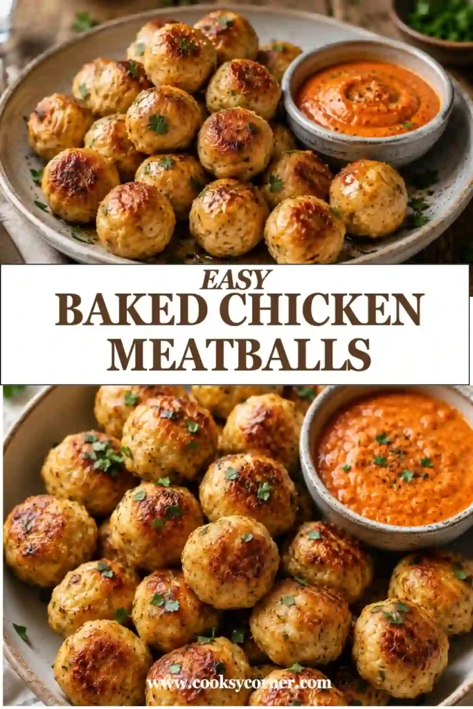 A serving of baked chicken meatballs topped with fresh parsley and grated Parmesan. This easy ground chicken recipe is perfect for healthy family dinners.