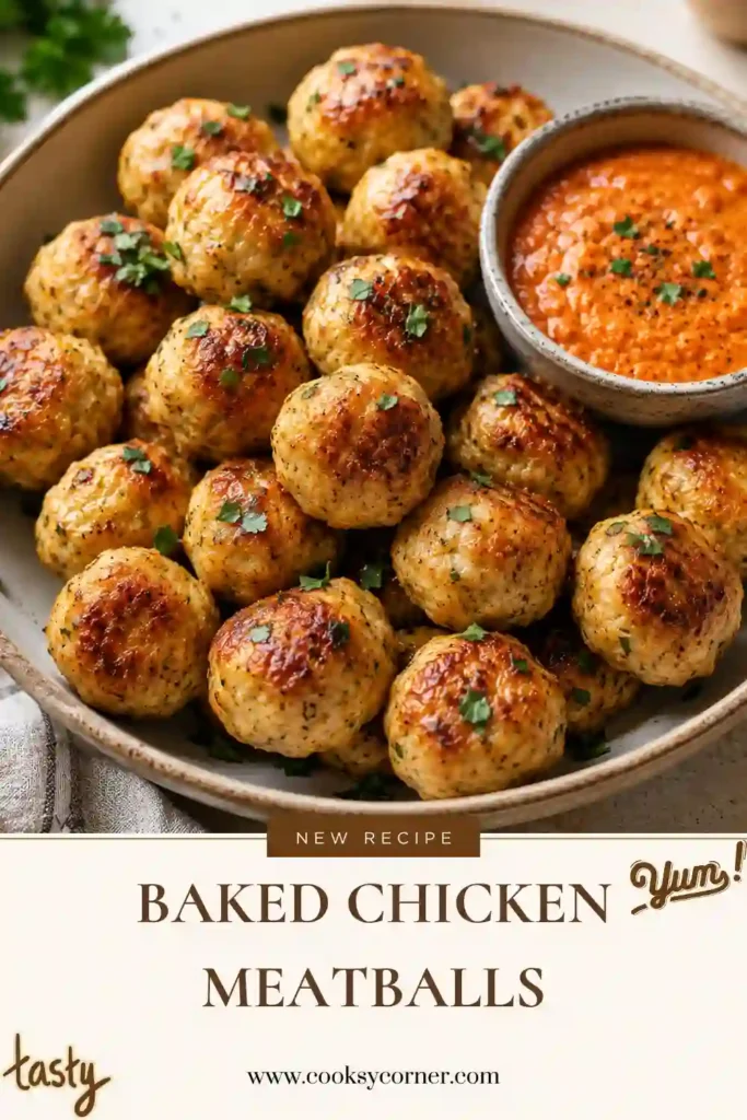 Freshly baked chicken meatballs arranged on a baking sheet with a golden brown exterior. These juicy baked chicken meatballs are perfect for pasta, appetizers, or meal prep.