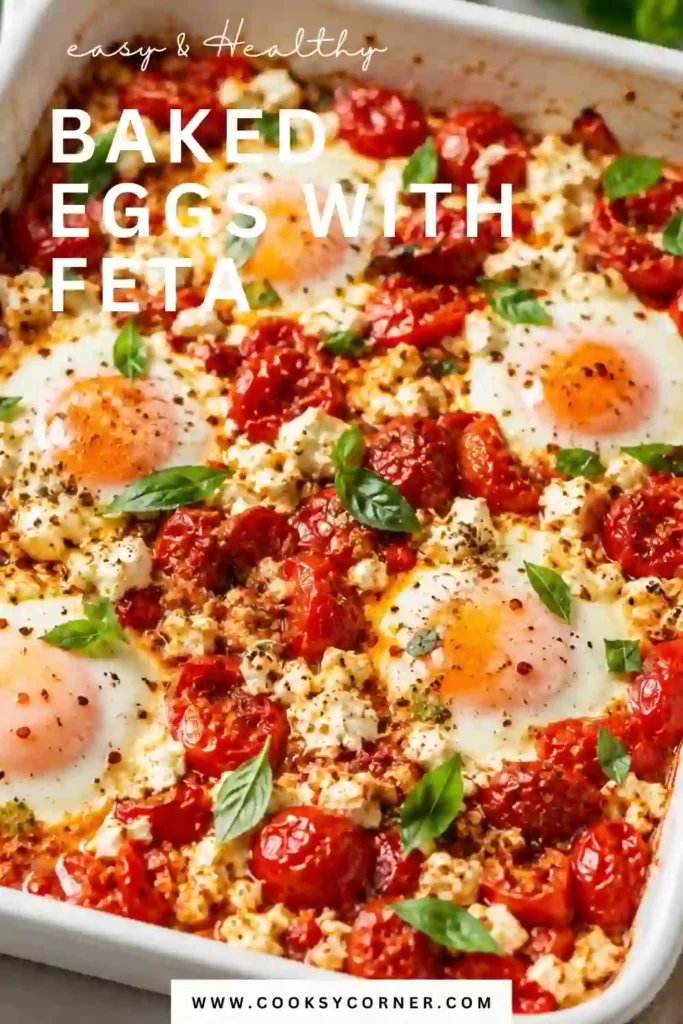 Fresh Baked Eggs with Feta surrounded by roasted tomatoes, herbs, and melted feta cheese. A healthy vegetarian brunch served with crisp mixed greens and toasted bread.