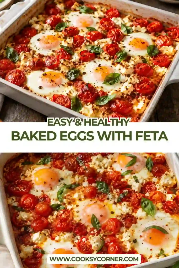 Golden baked eggs nestled among roasted tomatoes and crumbled feta with fresh basil garnish. This Mediterranean breakfast is colorful, protein-rich, and perfect for brunch.