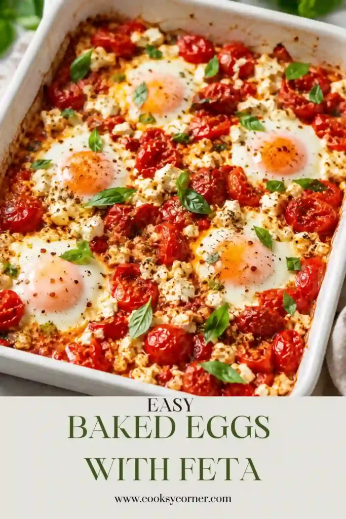 Close-up of Baked Eggs with Feta made with juicy roasted tomatoes, creamy feta, herbs, and soft baked eggs. A fresh and easy one-pan breakfast recipe.