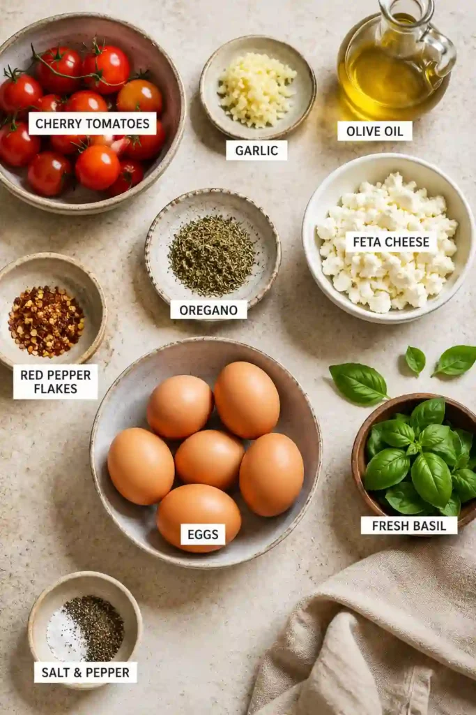 A baking dish filled with Baked Eggs with Feta featuring roasted grape tomatoes, creamy feta cheese, fresh basil, and perfectly cooked eggs. Toasted country bread is served alongside for a complete Mediterranean breakfast.