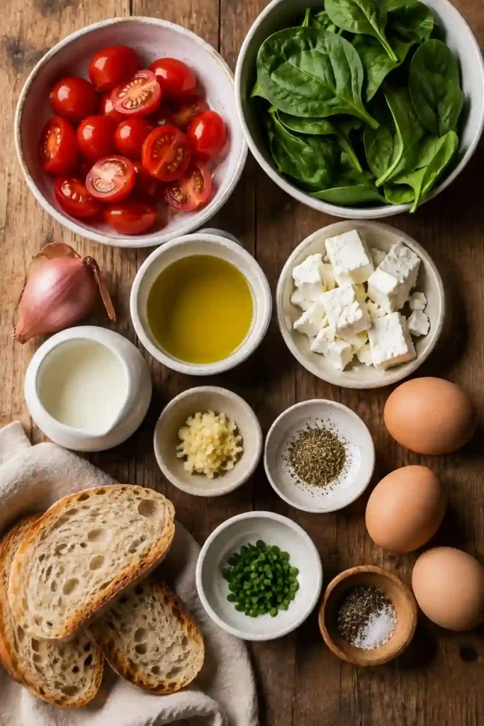 Baked eggs with feta, cherry tomatoes, red bell pepper, spinach, and fresh herbs. The creamy feta breakfast recipe is served hot and ready for dipping with bread.