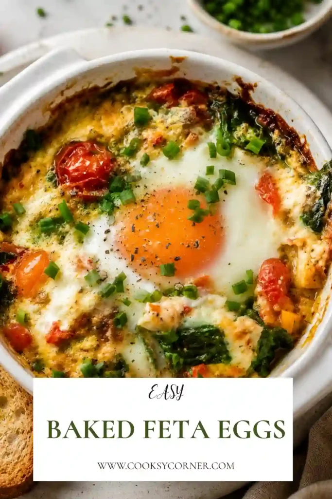 Baked Feta Eggs with roasted cherry tomatoes, red bell pepper, spinach, and creamy feta in a baking dish. This Mediterranean-inspired breakfast is finished with fresh herbs.